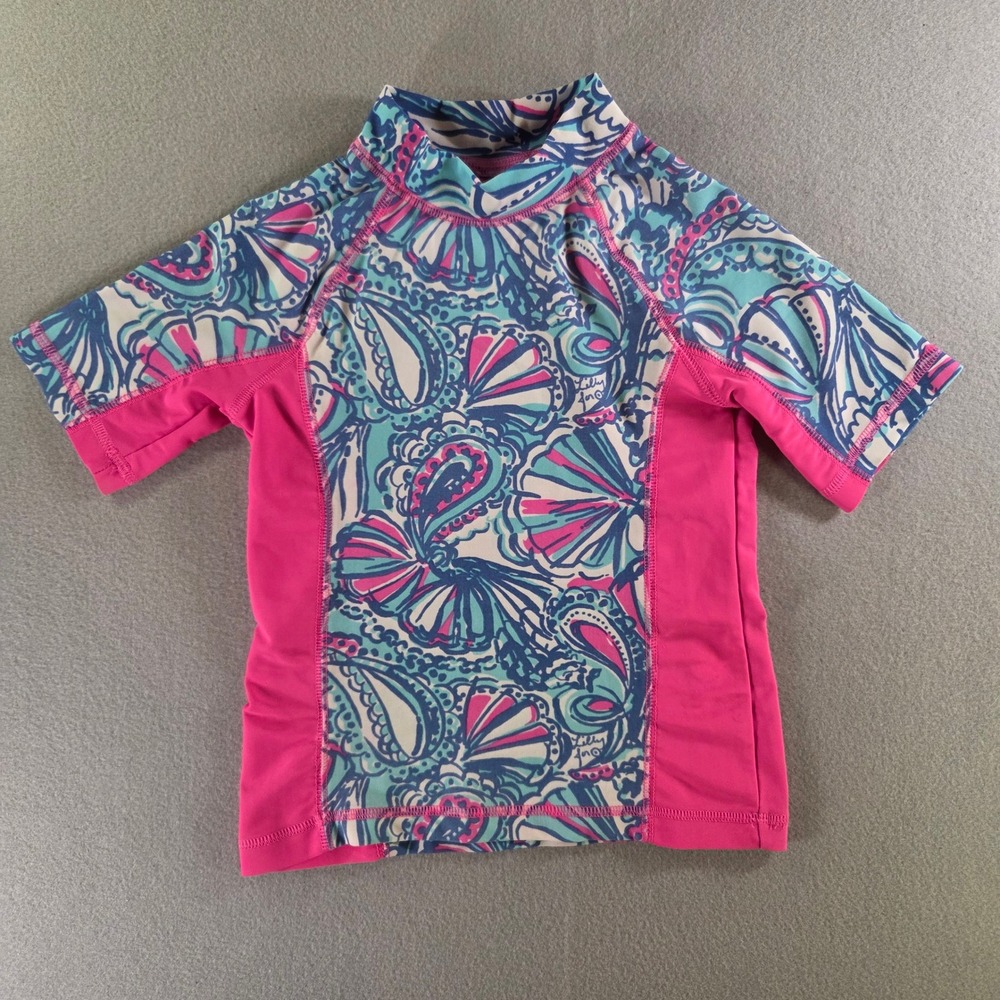 Lilly Pulitzer Target Girls Rash Guard  My Fans Pink Blue Shell Swim Top XS 4/5